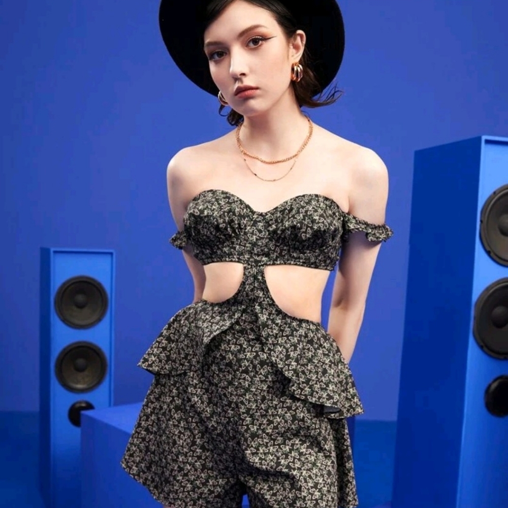 Rare Shein X Bow Print Cut Out Waist Jumpsuit